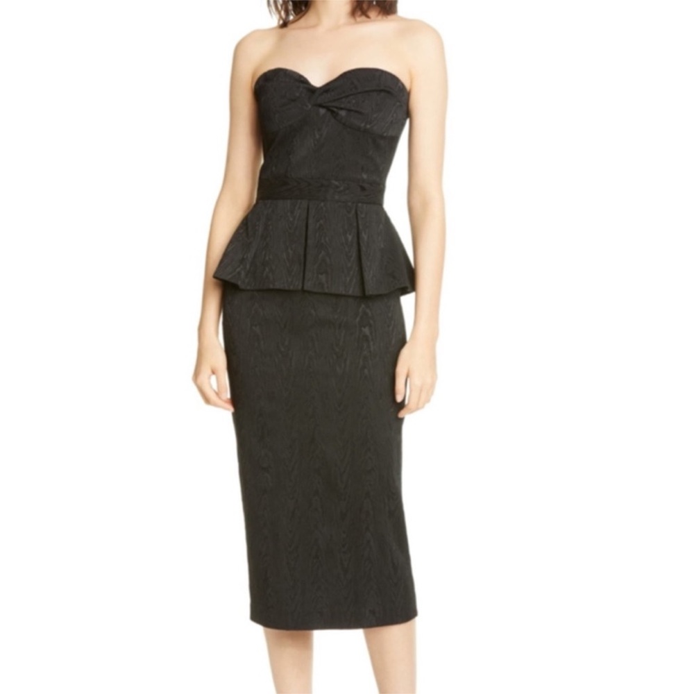 VERONICA BEARD Allyson Slim Strapless Peplum Textured Moiré Midi Dress, Black, 6